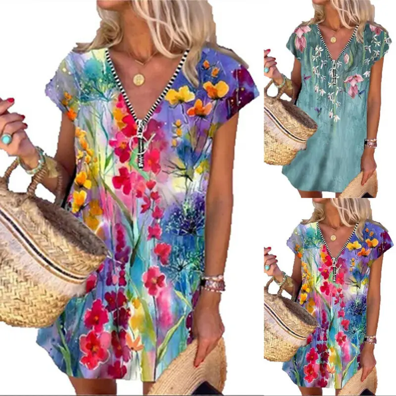 

Printed Zip V-neck Dress for Women Summer 2021 Casual Short Sleeve Loose Dress Women Clothing