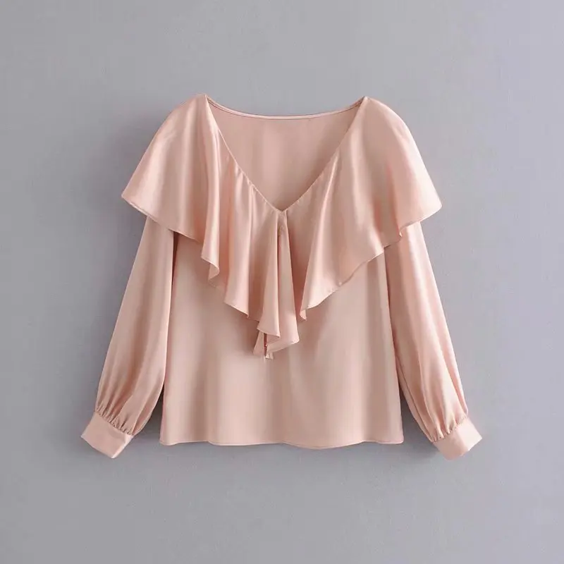Женская элегантная однотонная блузка с v образным вырезом и оборками рубашки
