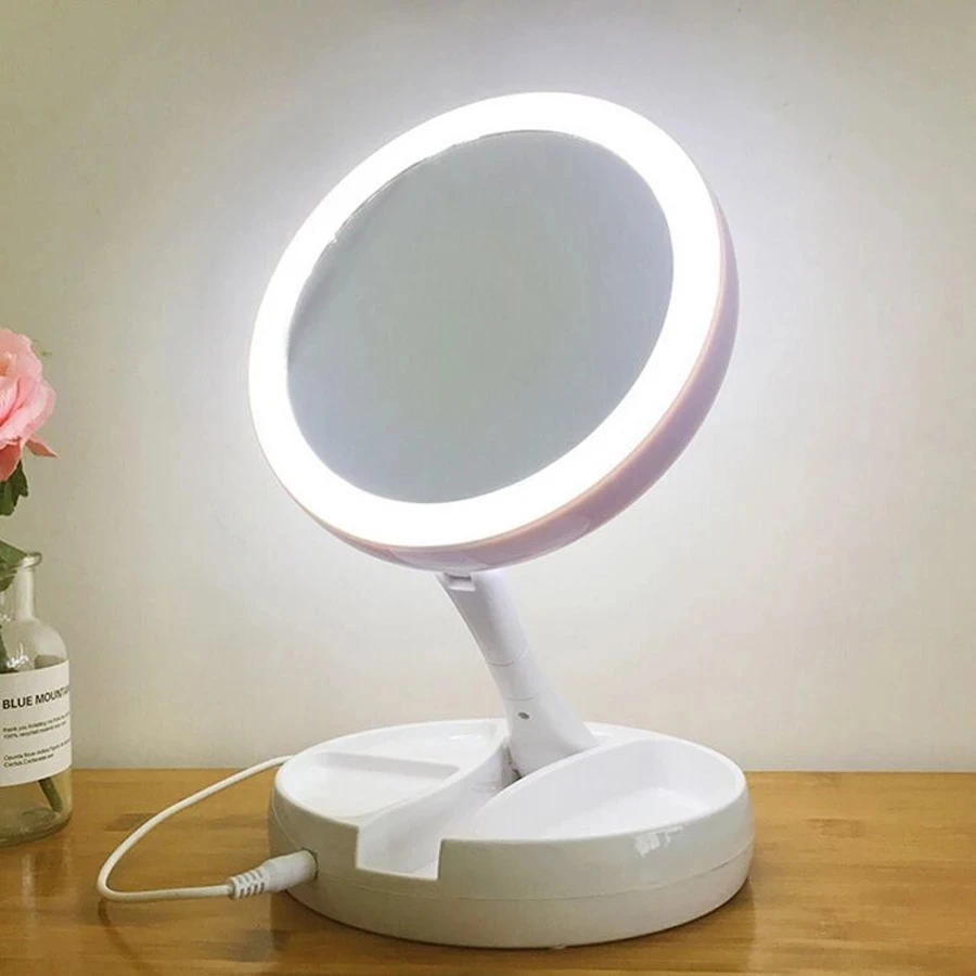 

Vanity Mirror With Lights Makeup Mirror Light Portable Mini Travel Mirror Round Shape Desktop Girl Magnifying Double Sided Glass