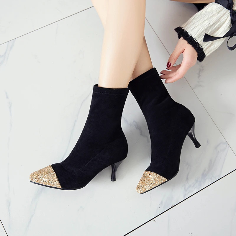 

2018 New Flock Ankle Boots Women For Autumn Winter Fashion Pointed Toe heel Woman Chelsea Boots Plus size 34-43