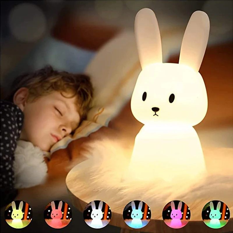 Conejo de luz de la noche de silicona suave Animal lindo lámpara de mesa para la casa de los niños lámpara de noche para dormitorio decoración luminarias decorativas
