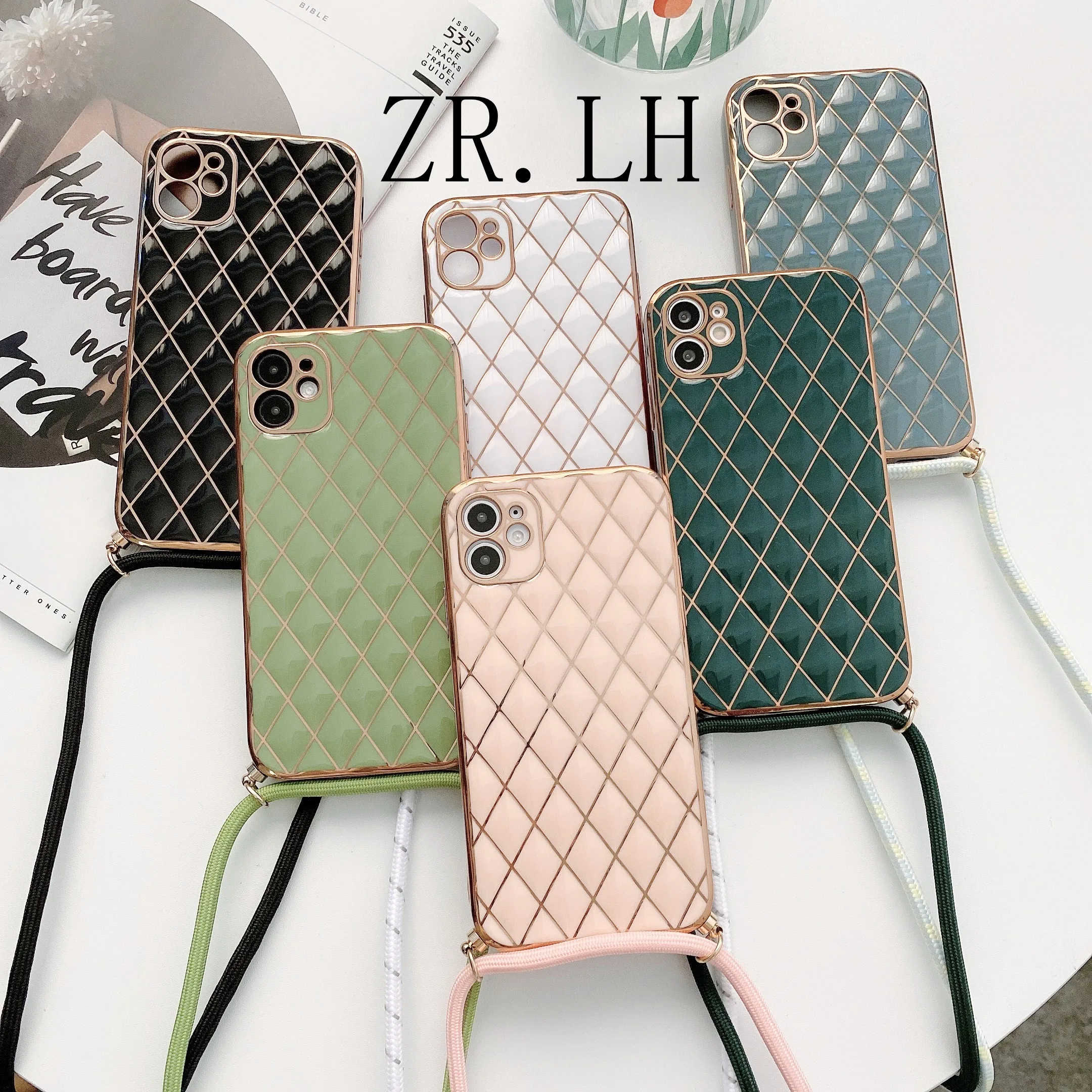 

Fashion Diamond plating Strap Lanyard soft silicon Phone Case For apple iPhone 12 11 Pro XS Max 7 8 Plus X XR SE Necklace cover