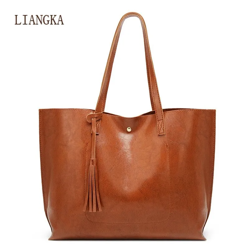 

2021 New Fashion Large Capacity Portable PU Casual Wild Tassel Oil Wax Leather Handbag Bags for Women Shoulder Handbags