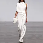 Женский комбинезон на одно плечо, белый комбинезон с широкими штанинами, длинные брюки, 2020