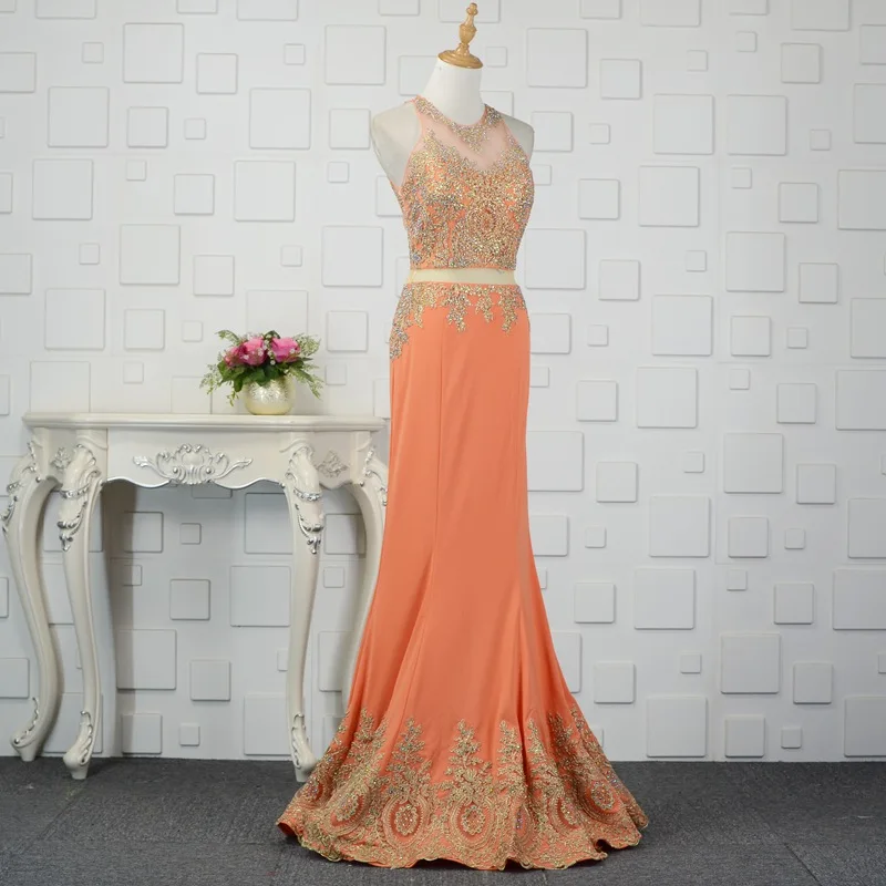 Дизайнерские Вечерние платья Драгоценности с вышивкой длинное оранжевое платье
