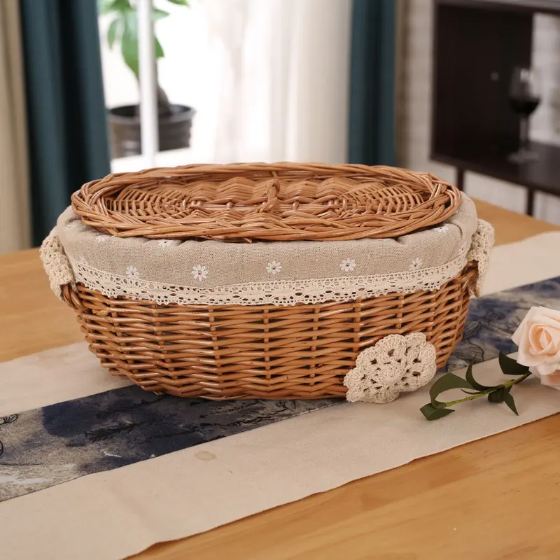 

Wicker Bread Fruit Storage Rattan Basket With Lid Snack Toys Cosmetics Storage Organizer Box Hand Made Home Decor Wicker Basket