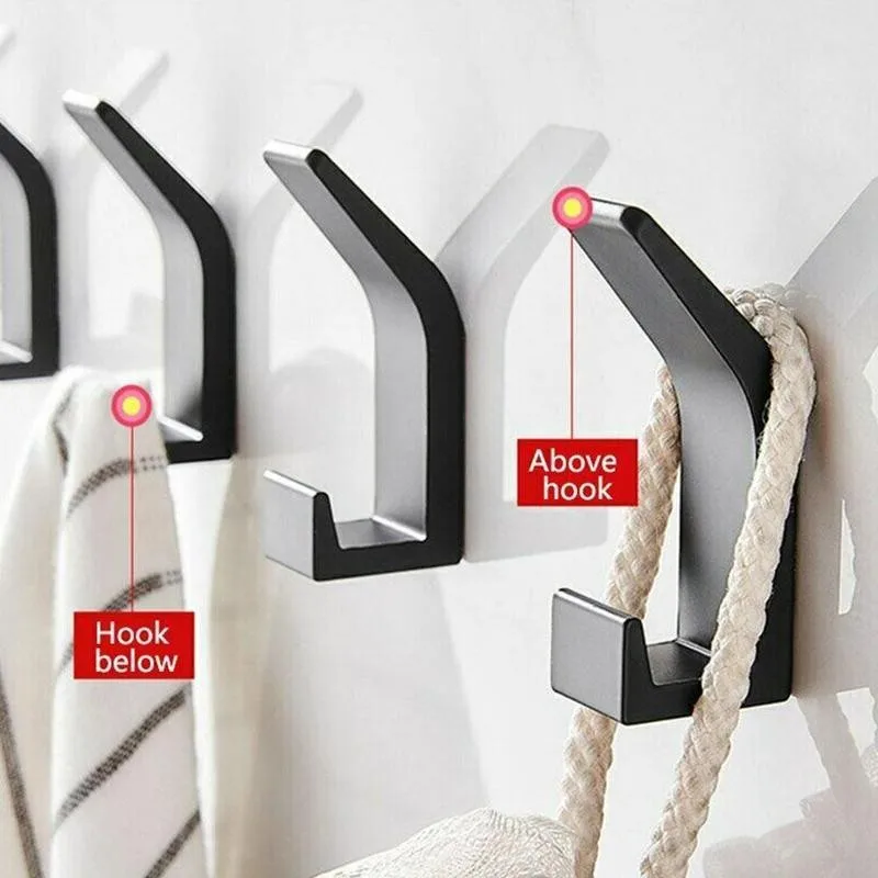

Double Hook Towel Hook Black White Space Aluminum Coat Hook Bathroom Wall Hanger Hooks Kitchen Accessories Durable Adhesive Hook