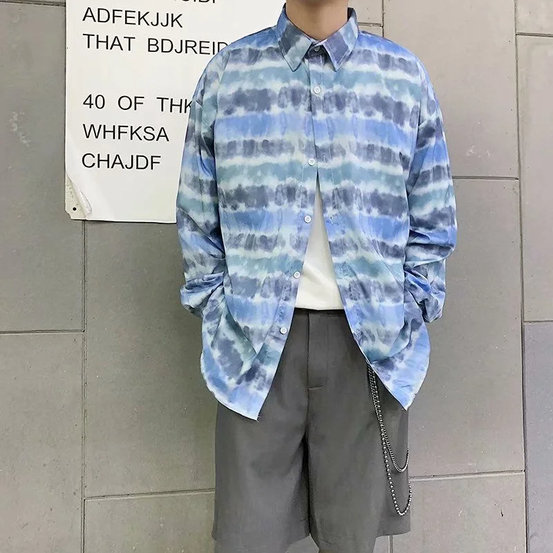 

2021 autumn New men's long-sleeved shirt thin loose tie-dye brand wild handsome casual blue streetwear Low price Recommend