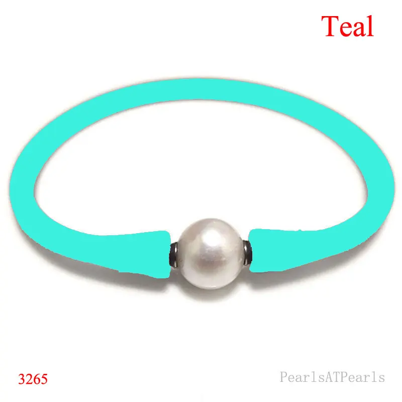 

6.5 inches 10-11mm One AA Natural Round Pearl Teal Elastic Rubber Silicone Bracelet For Men