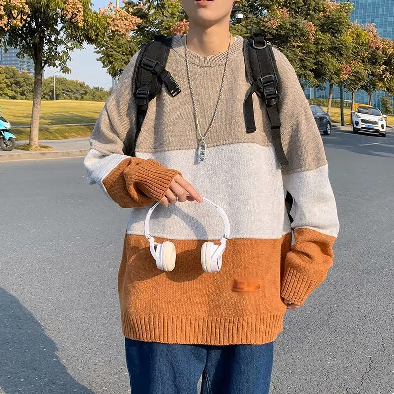 

Men Pullovers Japanese Style Patchwork Loose O-neck Long Sleeve High Quality Soft Harajuku Knitted Sweater Student All-match Top