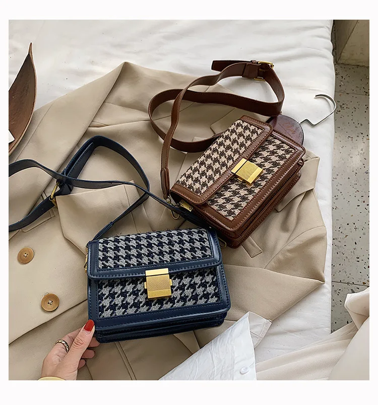 

Senior Sense Small Bag Houndstooth Printing Handbag 2020 New Fashion Wild Single Shoulder Slung Wide Shoulder Strap Small Square