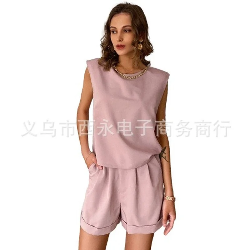 

Donsignet Summer New Solid Sleeveless Womens Suit Casual O-Neck Pullover Tank Tops Shorts Two-piece Suit for Women