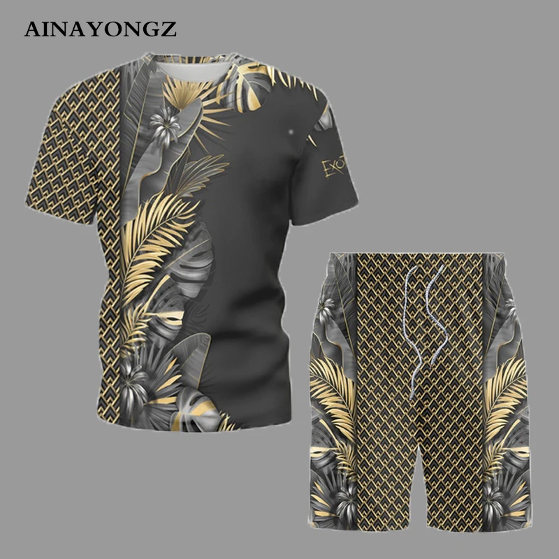 Summer Men's Beach Casual Sets Hawaiian Style Tshirt Shorts 2-Piece Male Innovative Feather Printing Couples Oversize Clothing
