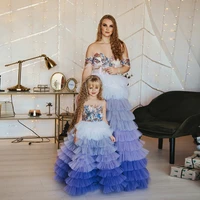 haute couture mommy and me matching dresses for photo shoot sequins feather multi layered mother kids dress for birthday party