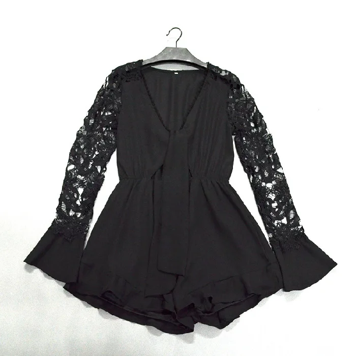 

Women's Lace Rompers Spell Sexy Playsuits Long Sleeve Ruffled Shorts Female 2021 Fashion Jumpsuit Hs936