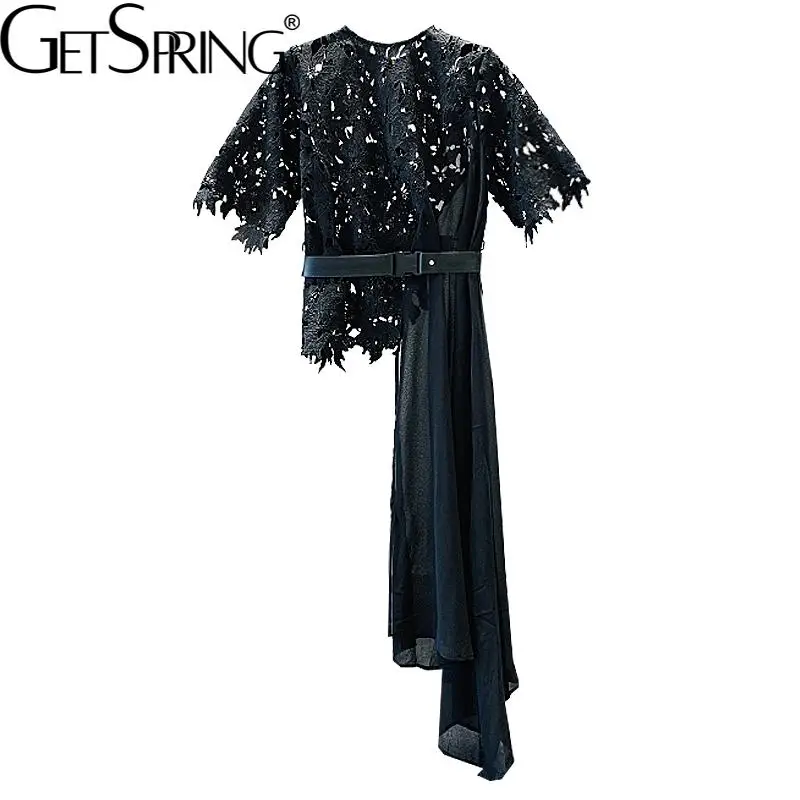 

Getspring Women Blouse Patchwork Asymmetry Hollow Out Lace Summer Blouses Irregular Black White Short Female Shirt Tops 2021