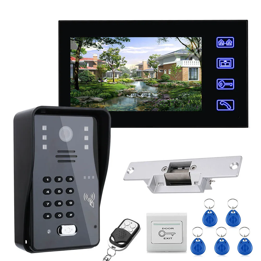 

7 Inch LCD RFID Password Video Door Phone Intercom System Kit, Electric Strike Lock + Wireless Remote Control unlock + RFID Key