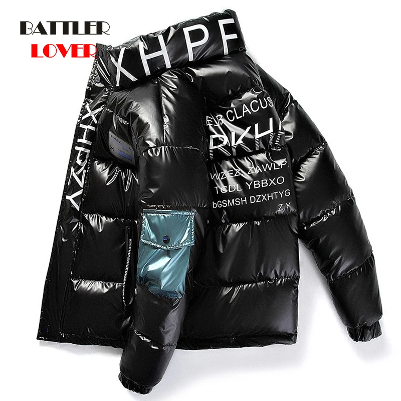 

2021 New Bright Leather Thicken Warm Winter Jackets For Men Casual Parkas Outwear Waterproof Stand Collar Hooded Coats Clothing