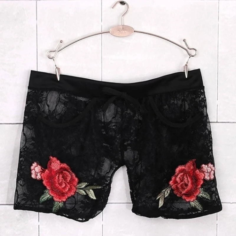 

Sexy Woman Woman Elastic Flower Shorts Flower Rose For Summer Transparent Lace Hollow Polyester Material
