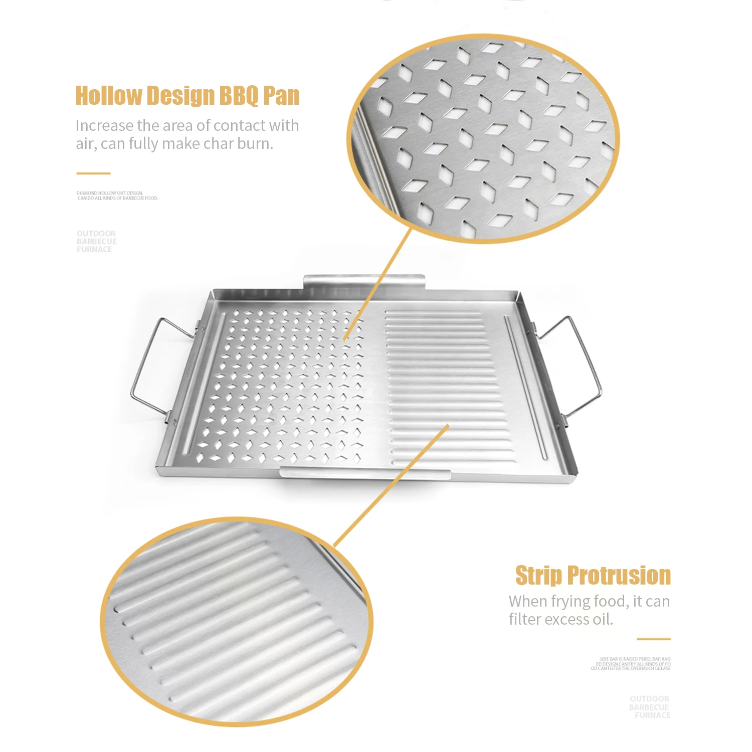 

BBQ Grill Pan Non-stick Stainless Steel Barbecue Tray Portable Camping Grill with Handle BBQ Tools Wooden Spatula for Meats Fish