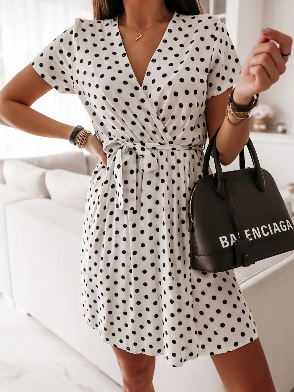 Womens Summer Fashion Mini Dress Short Sleeve V-Neck Ladies Polka Dot Dreeses Split Vestidos For Femela Boho Beach Holiday | Женская