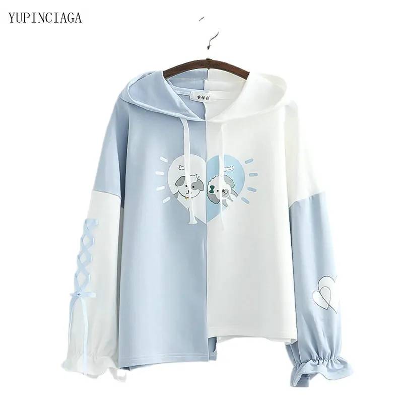 

Japan Style Puppy Print Patchwork Hoodies Women 2021 Summer Cotton Hooded Loose Sweet Sweatshirt Girl Harakuju Pullover 2113540