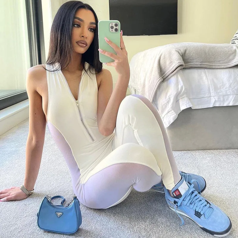 

Sexy Women Jumpsuit Sheer Mesh Front Zipper Sleeveless Party Night Clubwear Long Romper Women Jumpsuit Outfit