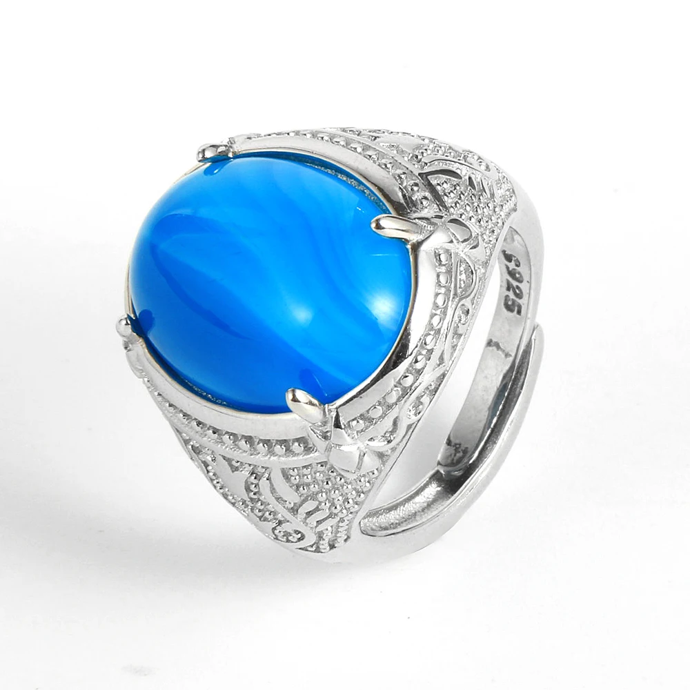 Кольцо с натуральным камнем голубой Агаты тигровый глаз Серебряная пластина