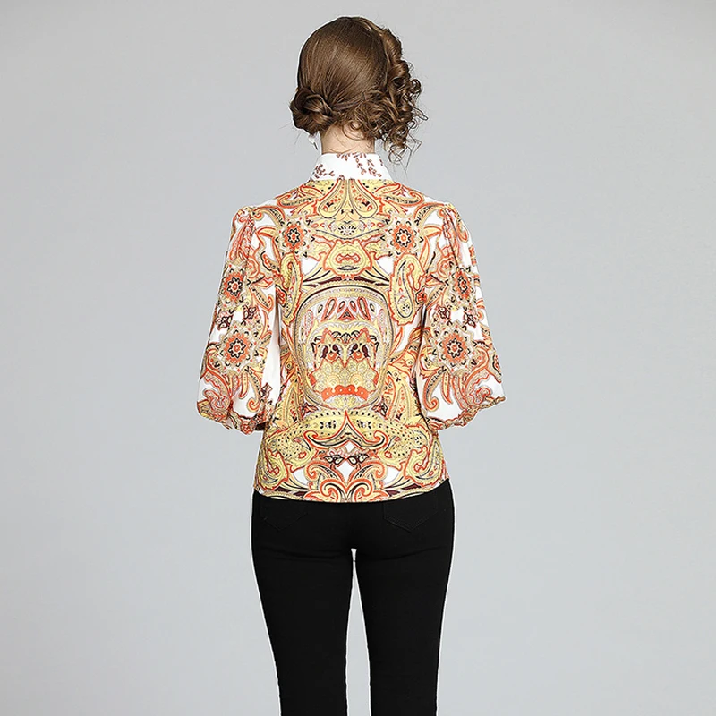 

New Elegant Vintage Fashion Women Spring Autumn Print Slim Shirt Office Lady Turn Down Collar Long Sleeve Blouses Tops