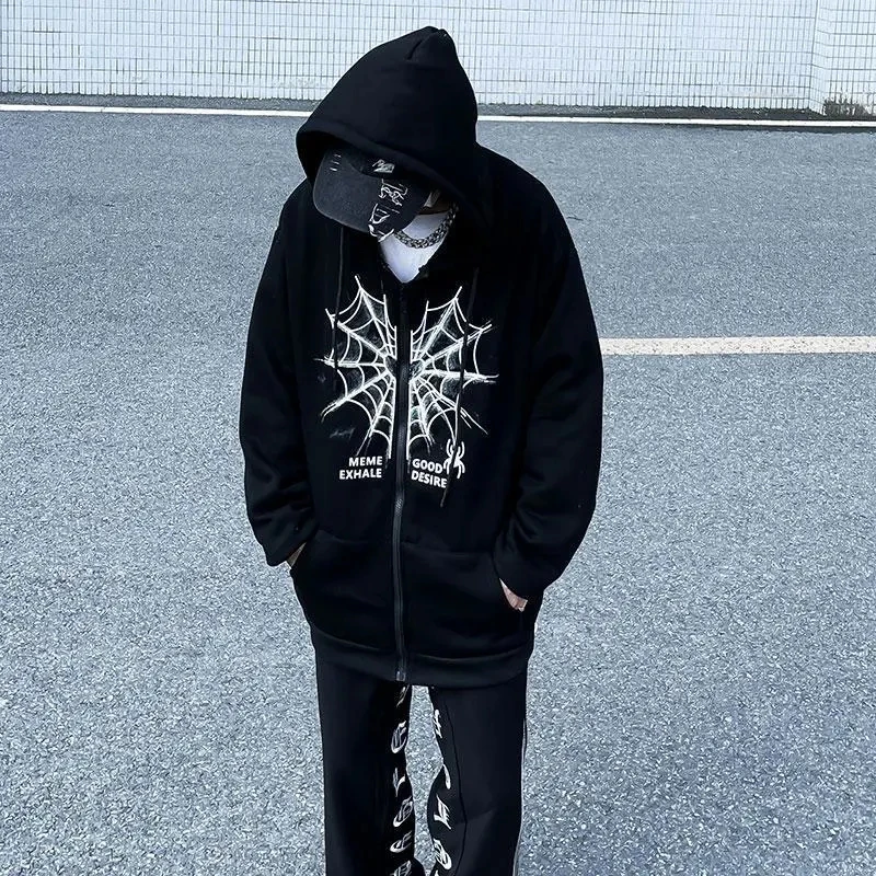 

Spider web print cardigan jacket hip-hop high street hoodie couple jacket punk vintage coat sweatshirt clothes Plus velvet bar