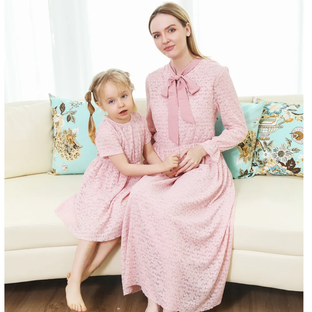 

mommy and daughter matching clothes baby mother-daughter classic fashion parent-child wear lace long-sleeved solid color dress