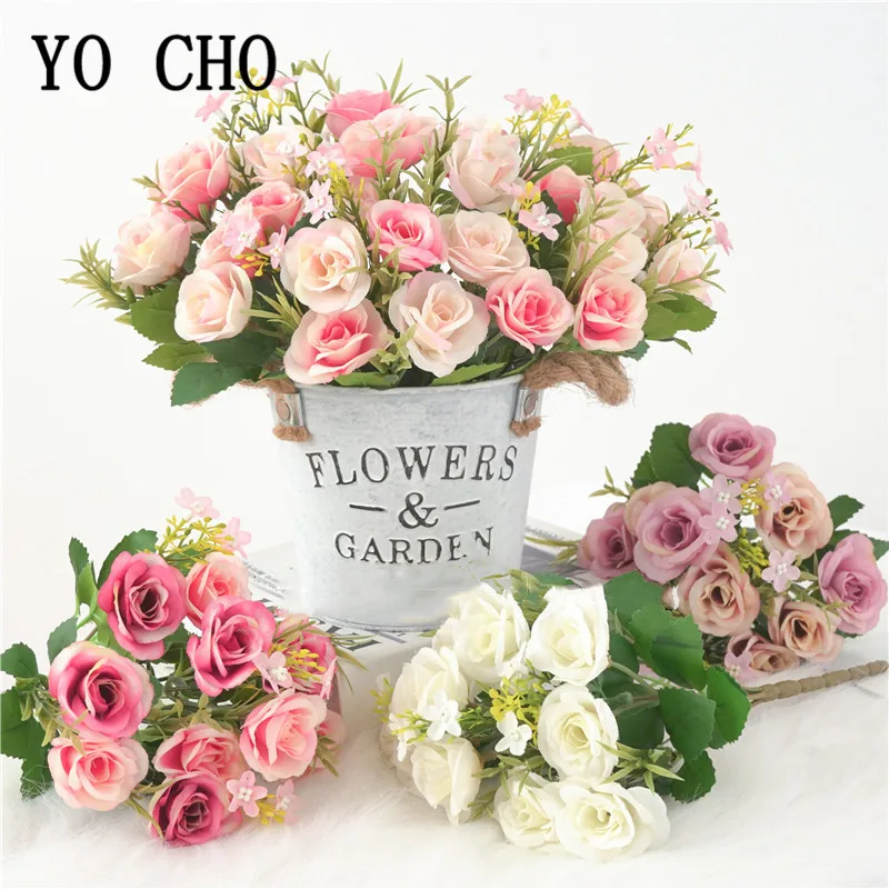 

5 веток розы Искусственные цветы Шелковый букет маленькая голова поддельные розы Букет для дома свадебный Декор День Святого Валентина иск...