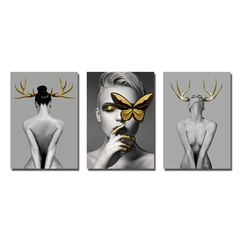 

Nordic Modern Abstract Home Wall Decoration Canvas Painting Triptych Antler Woman Oil Painting Spray Painting Home Decor Posters