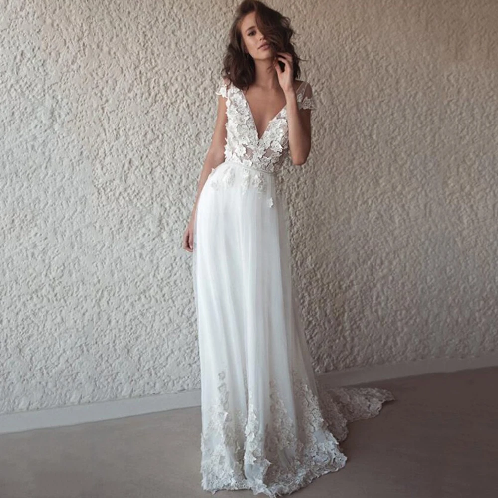 

Bohemian Wedding Dress For Bride Simple Tulle Applique Double V Neck Civil Bridal Gowns Robe De Mariee Short Sleeves Long Train