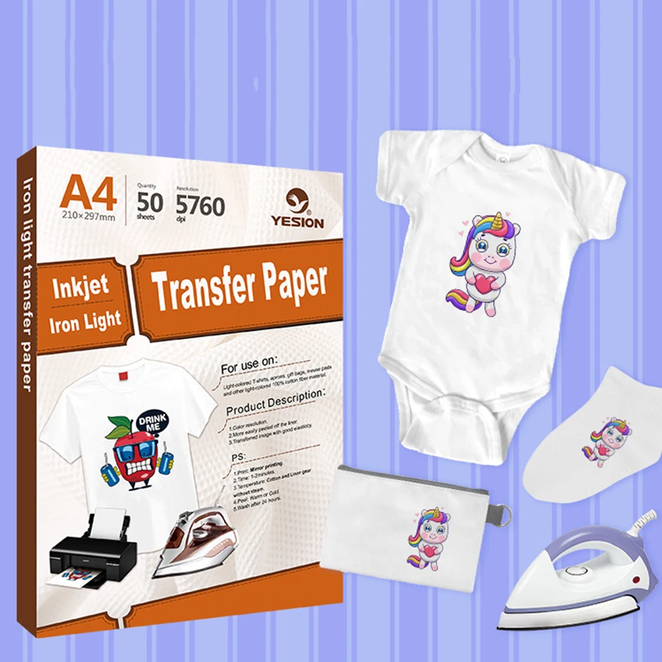 

A4 Size Inkjet Printable Iron-On Heat Transfer Paper for Light Fabrics T-Shirt Printing Paper For DIY Customized T-shirt YX-13