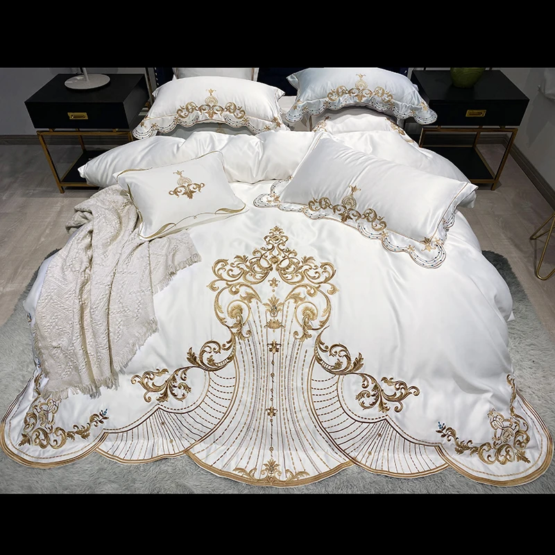 

White Soft Satin Silk Cotton Gold Embroidery European Palace Bedding Set Double Duvet Cover Bed Linen Lace Bed Skirt Pillowcases