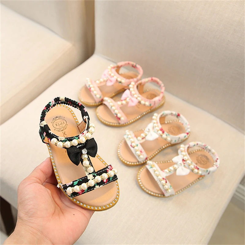 

NEW 2021 Summer Korean Style Children Sandals Girls Open Toe Pearl Princess Shoes Bow Tie Small And Medium Baby Shoes 03B