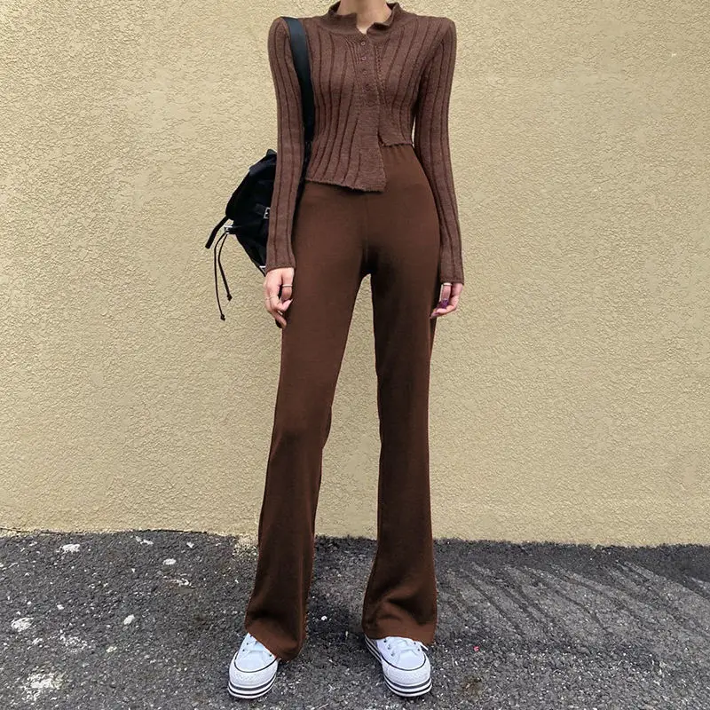 

Women's Long Slim Knitted Flare Pants 2021 Elegant Solid Color Brown High Waist Casual Streetwear Trousers Ladies Pants