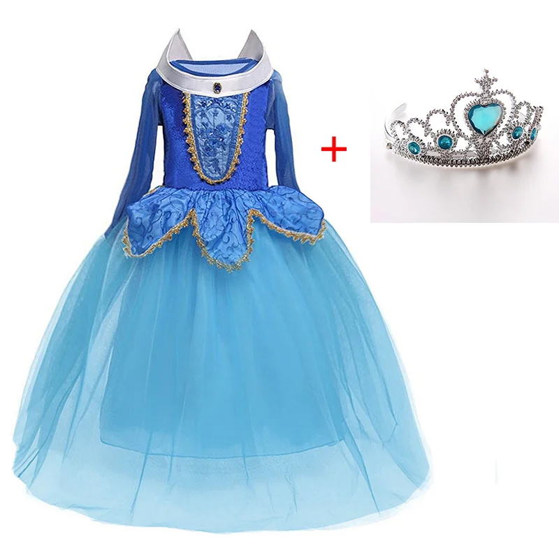 Dress with Crown Новое платье принцессы Авроры Детские платья для девочек, костюм на Хэллоуин платье Анны и Эльзы детское карнавальное платье для ролевых игр - Цвет: Dress with Crown