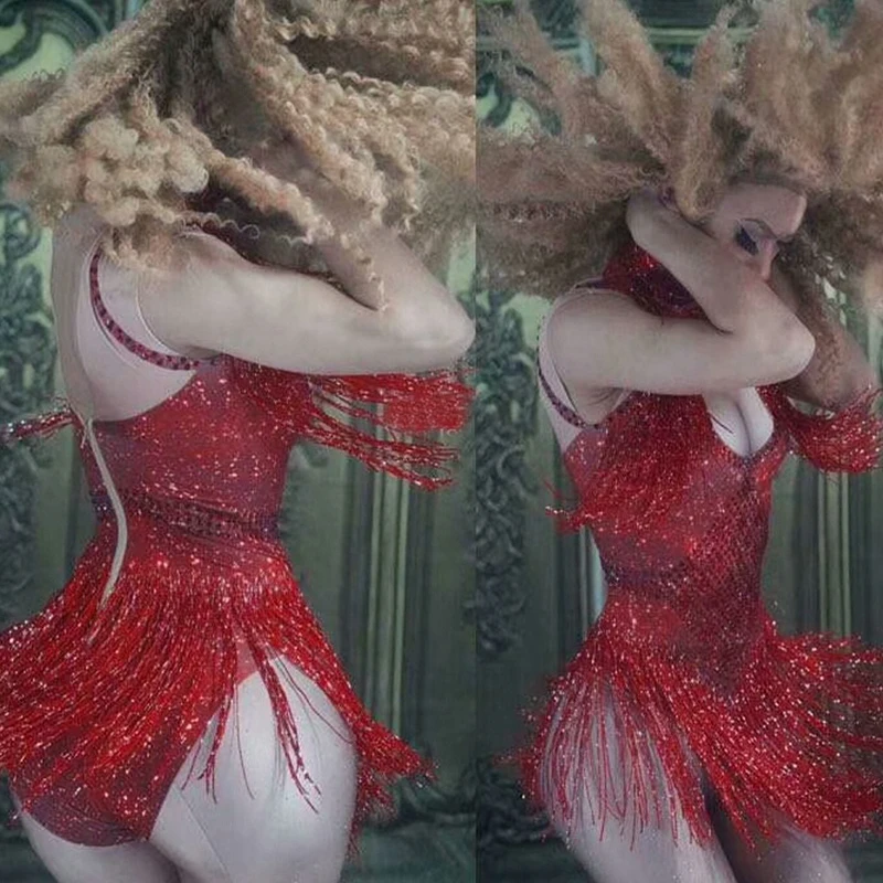 green red Sparkly Rhinestone Tassel Bodysuit Nightclub Dance Wear DJ Show Stage Wear Stretch Outfit Female Singer Dancer Costume