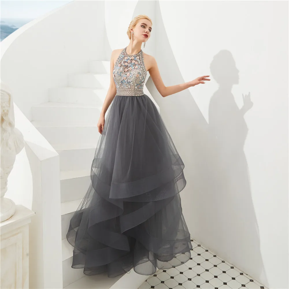 Delicate Beaded Flowers Prom Gowns Sexy Halter A-line Floor Length Plus size Long Party Prom Dresses vestidos de gala