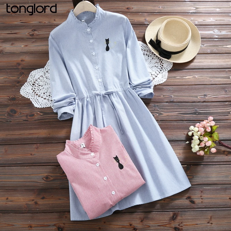 

Women College style Midi Dresses Autumn Long Sleeve Ruffle Collar Embroidery Cat A-Line Dress Female Single-breasted Vestidos