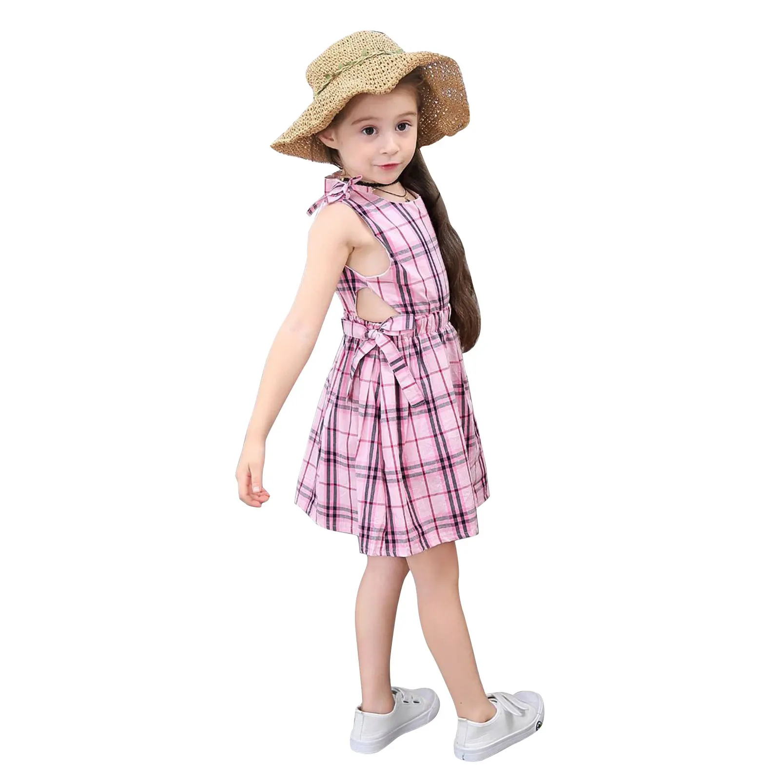 

Toddler Kids Baby Girls Plaid Round Collar Sleeveless lovely Princess One-Piece A-Line Dresses for Spring Summer Pink