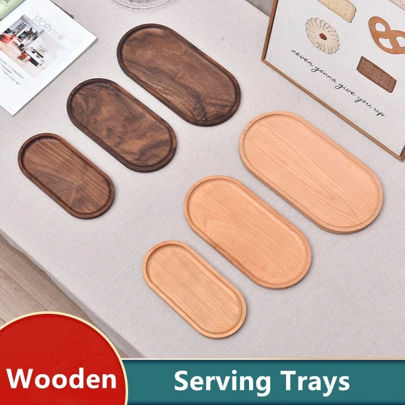 

Solid Wood Serving Tray Salad Snack Plates Pan Appetizer Fruit Dessert Platter Dishes Storage Black Walnut Wooden Jewelry Trays