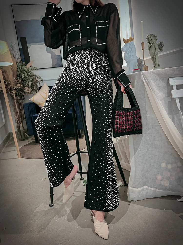 Hologram Pants Shine Bling Bling Sequins Glitter Loosen Pants High Street Club Party Show  Flare Trousers DJ Disco Sparkling
