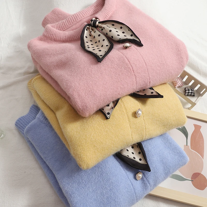 

GUUZYUVIZ Autumn Winter Pullover Botton Knit Sweaters Long Sleeve Polka Dot Scarf O-neck Sweater Women Casual Pink Harajuk Woman