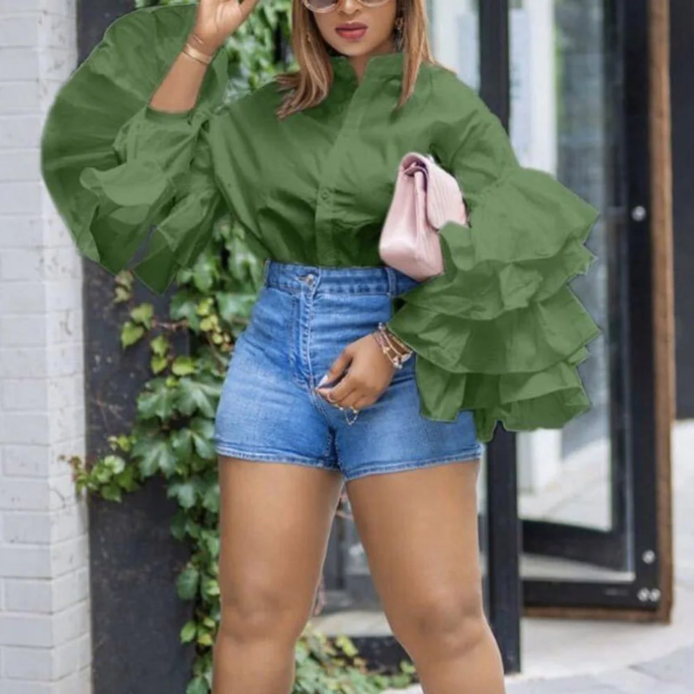 

Ruffle Sleeve Shirt Women White Black Spring Autumn Long Sleeve Tops Female Casual Loose Office Work Wear Ladies Blouses 2021