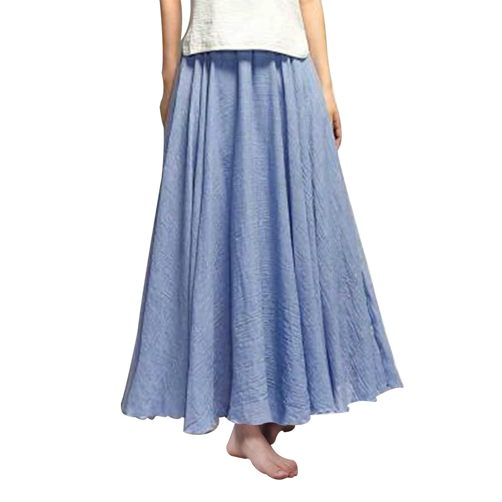light denim WENYUJH новые женские льняные хлопковые длинные юбки, плиссированные макси юбки с эластичной талией, Пляжная богемная винтажная Осенняя юбка макси - Цвет: light denim