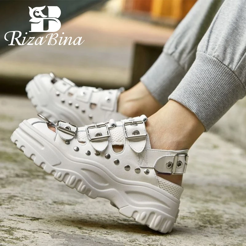 

RizaBina Size 34-40 Women Sandals Real Leather New Fashion Platform Rivets Summer Shoes For Women Buckle Strap Daily Footwear