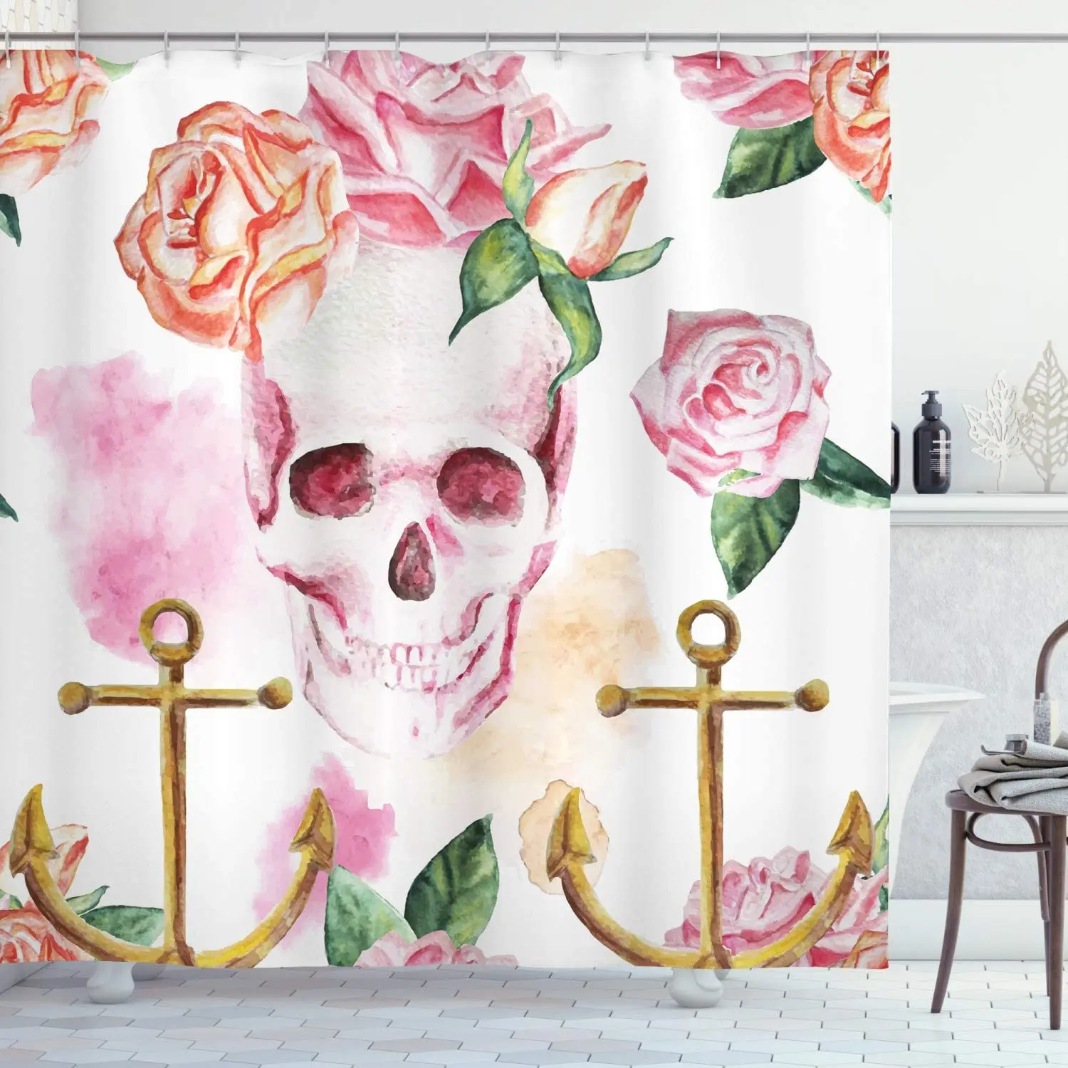 

Skull Anchor with Roses Peonies Vintage Art Design Print Fabric Bathroom Décor